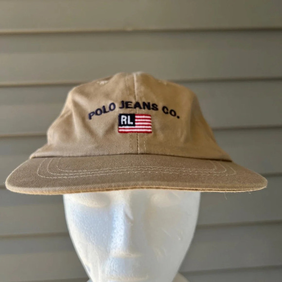 Vintage 90s Polo Jeans Ralph Lauren Company Tan Adjustable Hat Cap - Picture 1 of 9